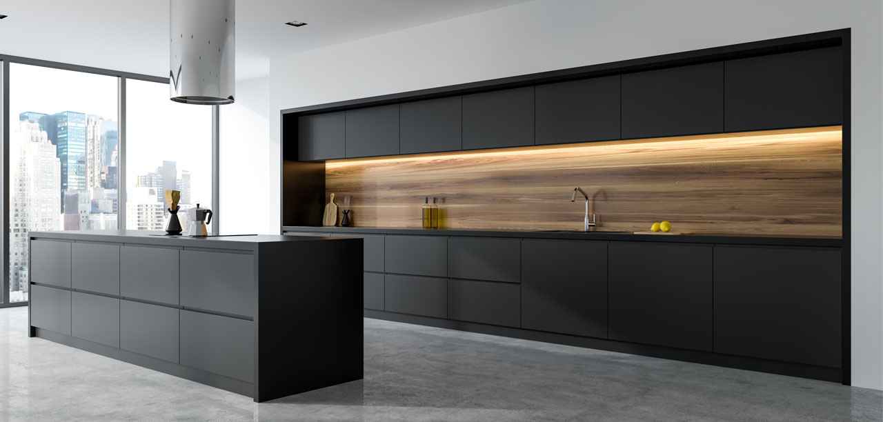 Black & White Aurora kitchen with matt steel finish & quartz raven worktops