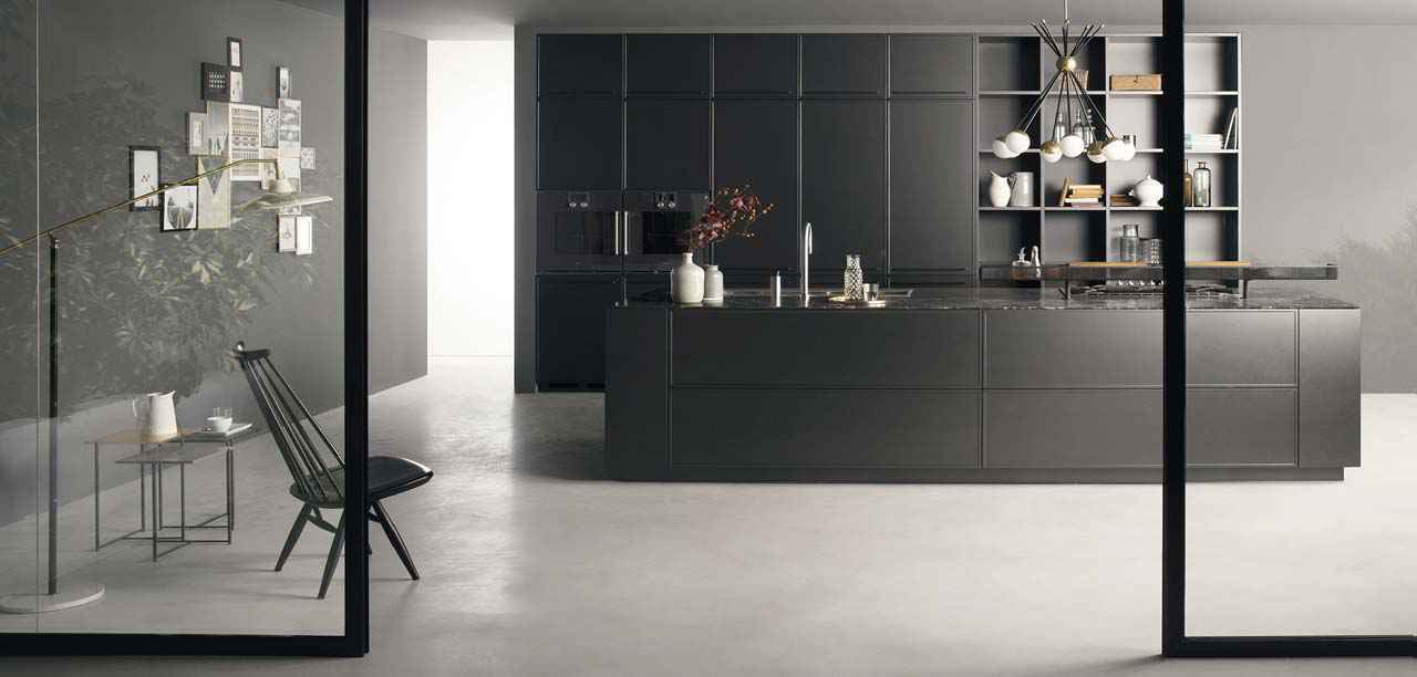 Spacious kitchen design with combination of open drawers and worktop