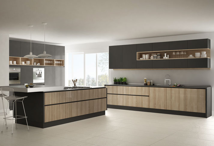 An Italian kitchen with open shelves, drawers and cabinets 