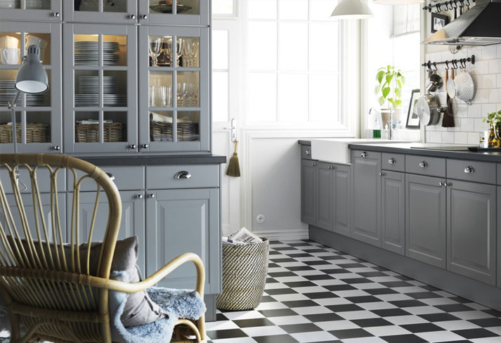 Traditional kitchen design with grey furniture and worktop